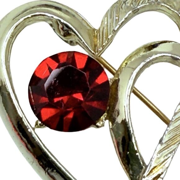 Vintage Red Crystal Double Heart Brooch 2" Valentine Love Silver Tone - Picture 4 of 15